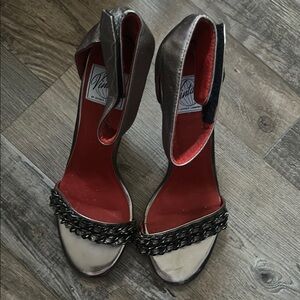 Vintage by Jeffrey Campbell  Pewter/Red Ankle Strap 3” Heels Sz 9